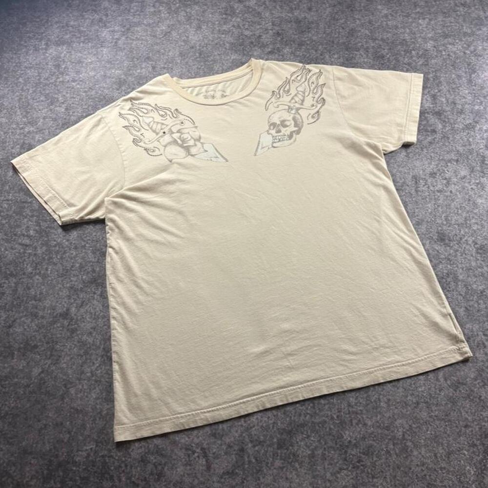 Vintage Y2K Premium Quality Denim Men’s L Beige Skull Dagger Graphic Tee Studded
